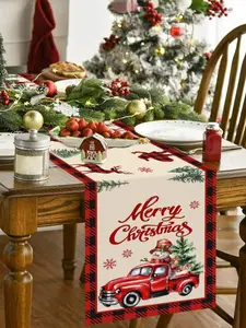 1pc Merry Christmas Table Runner, 35*180cm Snowman Red Truck Designs Polyester Xmas Table Flag Christmas Decorations For Home 2025 Christmas Party Table Dining Room Decor, Xmas Table Ornaments, Happy New Year 2026