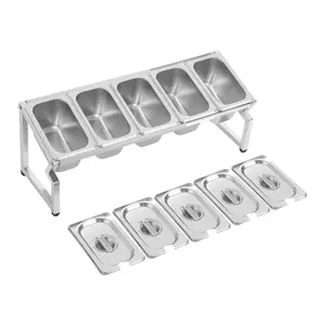 Stainless Steel Spice Rack With 5 Pans Lids For Kitchen Restaurant Buffet Condiment Sauce Snack Storage