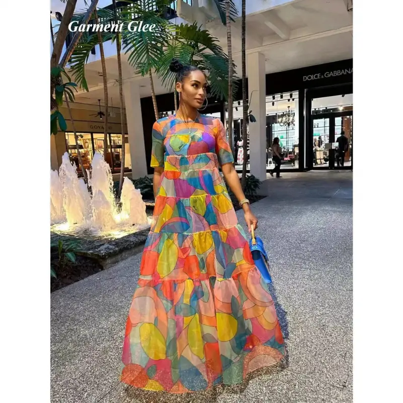 / Best - Selling Fairy Tulle Long Dress |       Women'S Color - Gradient Maxi Dress, Short Round - Neck Flowing Dress, a Stunning Outfit Vacations and Dates, in Fairy - like Vacation Style