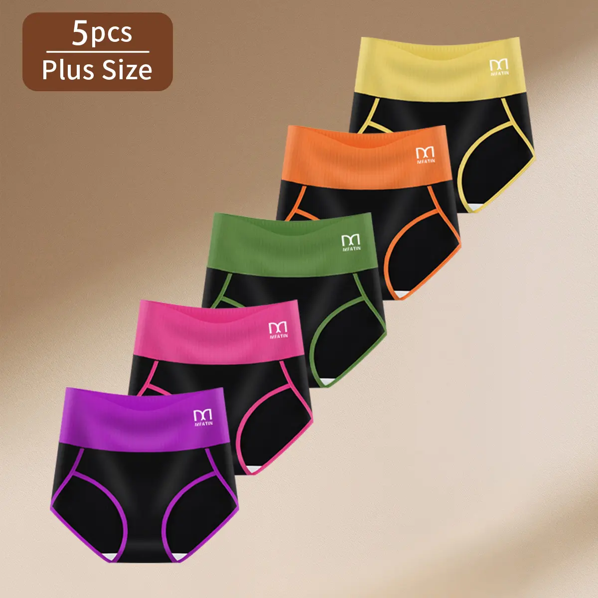 Women's Plus-Size Cotton High-Waist Briefs, 5/10 Pcs, Breathable, Contrasting Color Design, Elegant Look, Multi-Color Options, Versatile Outfit Pairing, Year-Round Wear