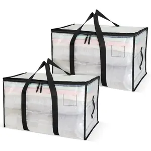 2 Pack Clear Large Storage Bags, 92L Moving Organizer Bags with Durable Zipper and Handle, Clothing Storage Bag, Storage Boxes for Bedding, Duvets, Comforters, Blankets