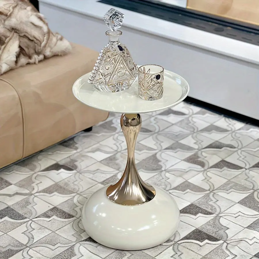 Modern Round Living Room Side End Table - Luxury Curved Waist Gold Metal Pedestal, Glossy Top Nightstand for Sofa Corner Decor
