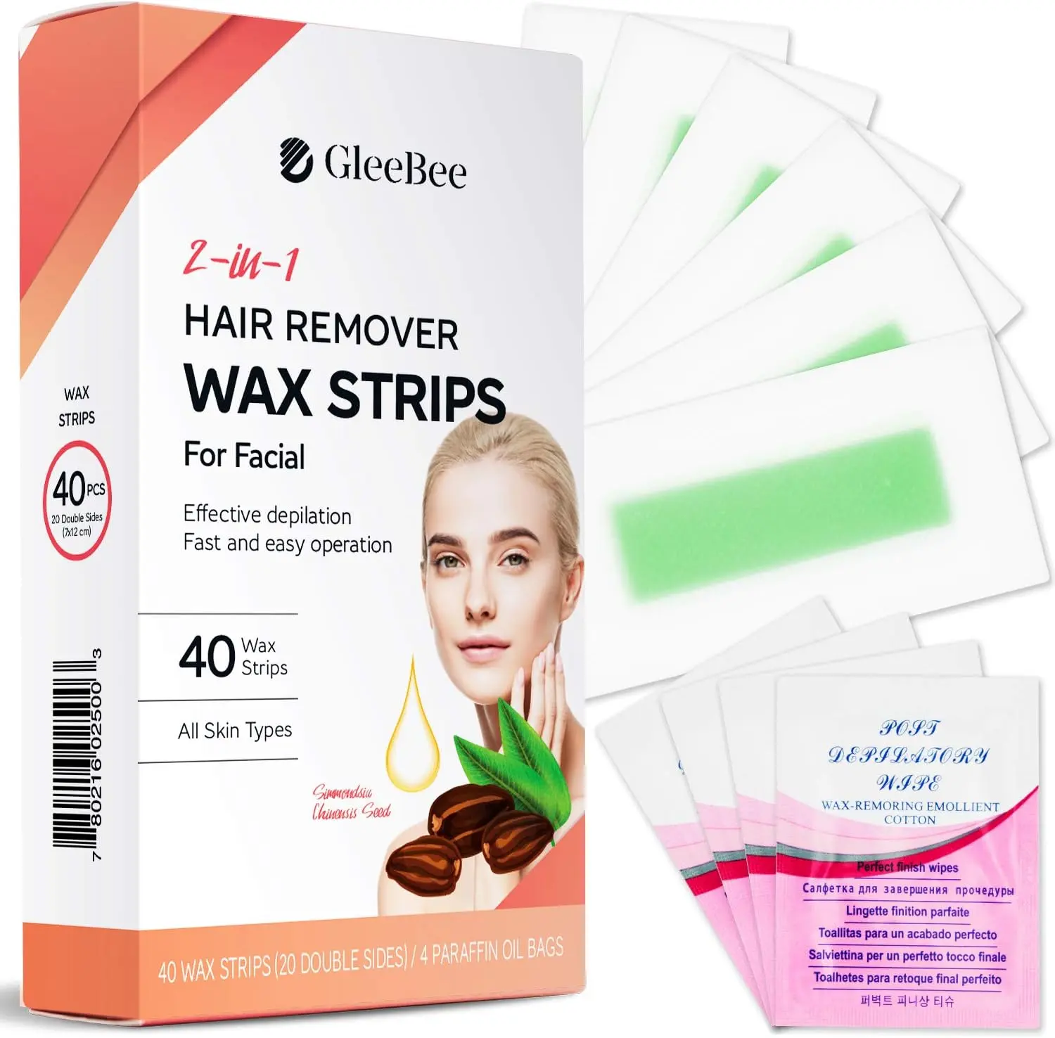 Gleebee Hair Removal Waxing Strips for Face Legs Underarms Brazilian Bikini Women (40 Count) + 4 Calming Oil Wipes Body Care Silky