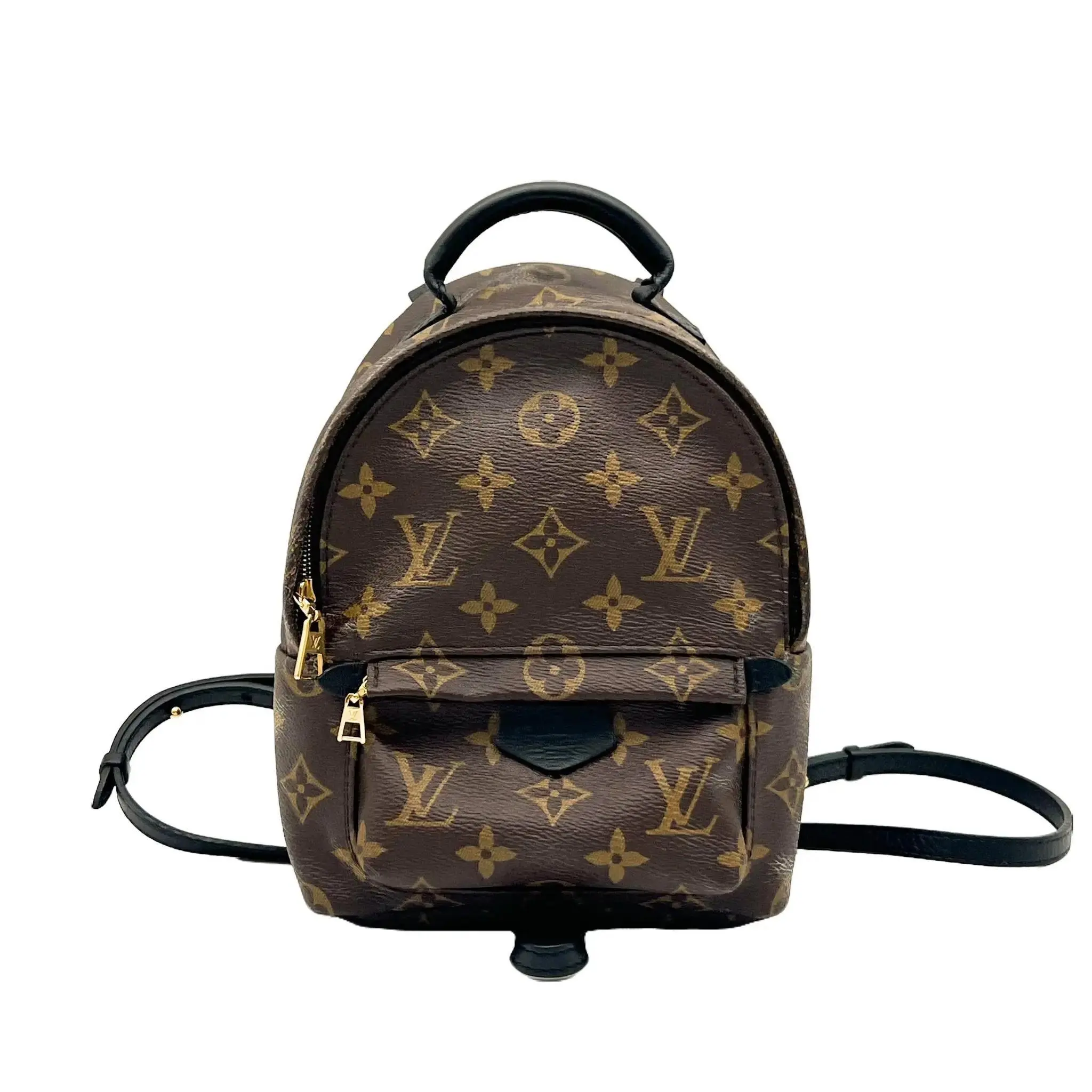 Pre-owned Louis Vuitton canvas Backpacks Monogram Palm Springs Backpack MINI 2017 Brown Leather Travel Bag with Gold Hardware Coated Peeling Compact Size