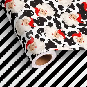 Reversible Christmas Wrapping Paper Roll for Boys  Girls   Santa Claus and Black Strpie Design Cowboy Xmas  Wrap for Western Holiday Winter Party - Total 28.5sq.ft