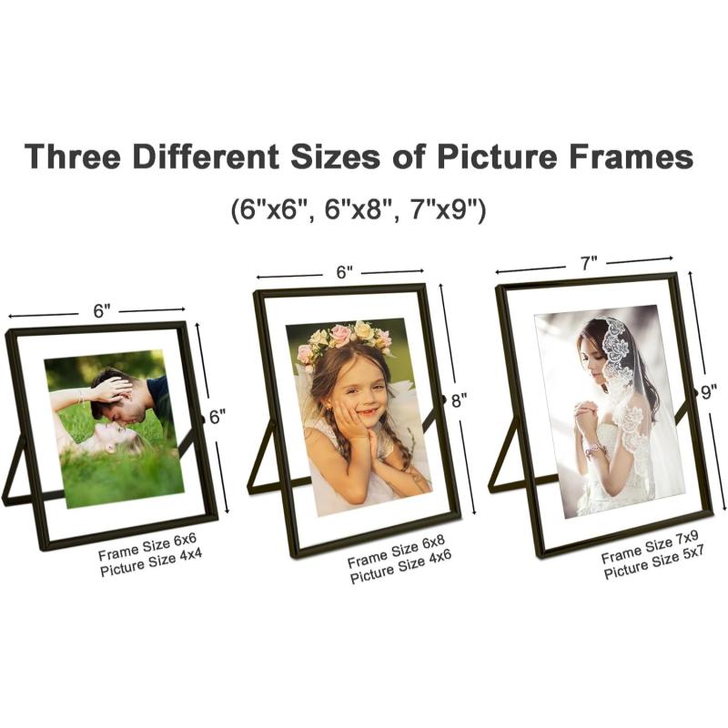 Black Floating Picture Frames - Set of 3, for Photo Size 4×4, 4×6, 5×7, Vertical Tabletop Display, Double Glass Metal Frame for Wedding, Home or Office Desk Decoration
