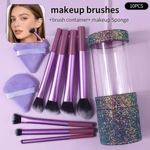 10-piece purple makeup brushes set - blush brush, loose powder brush, concealer brush, eyeshadow brush, facial set brush + double-sided plush fluffy pad + fashionable sequin storage bucket. Complete beginner makeup tools Brush Makeup Kit.