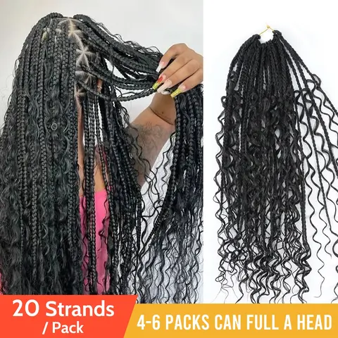 YGwigs Boho Crochet Box Braids with Human Hair Curls 20Strands Pre-Looped,4-6Packs Recommended,Save Time,Goddess Braids,Easy Install,Beginner-friendly