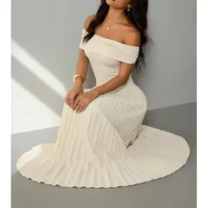 Dress 1pc Off-Shoulder Solid Color Pleated Elegant Dress