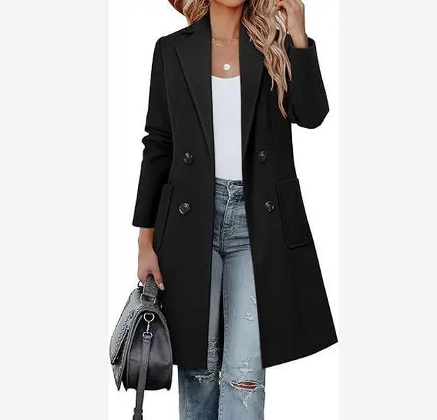 VVZ Women's Elegant Double-Breasted Polyester Coat, Fitted Mid-Length Design with Long Sleeves, Lapels and Pockets