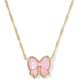 Gold-Plated Brass Bow Pendant Necklace, Minimalist Fashion Jewelry for Women, Trendy European Style Accessory