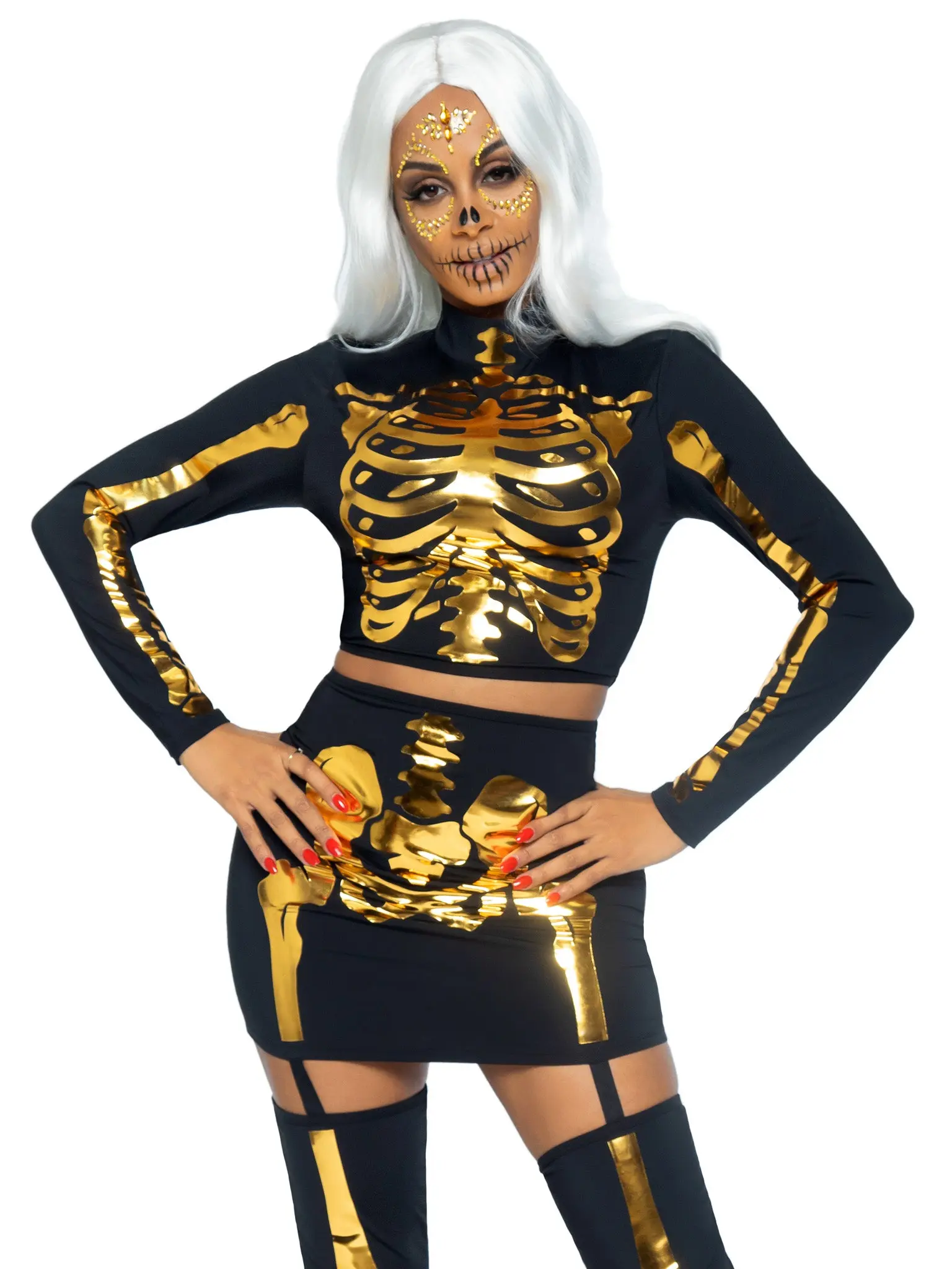 Women's Golden 2-Piece Festival Costume Set - Matching Sparkling Long Sleeve Crop Top & High Waist Garter Skirt Festival Clothes, Costumes, Sleeved, Sparkling Gold Design, Skeleton Design, Chunky, Accessories, Leg, Sexy, Dress Size 6