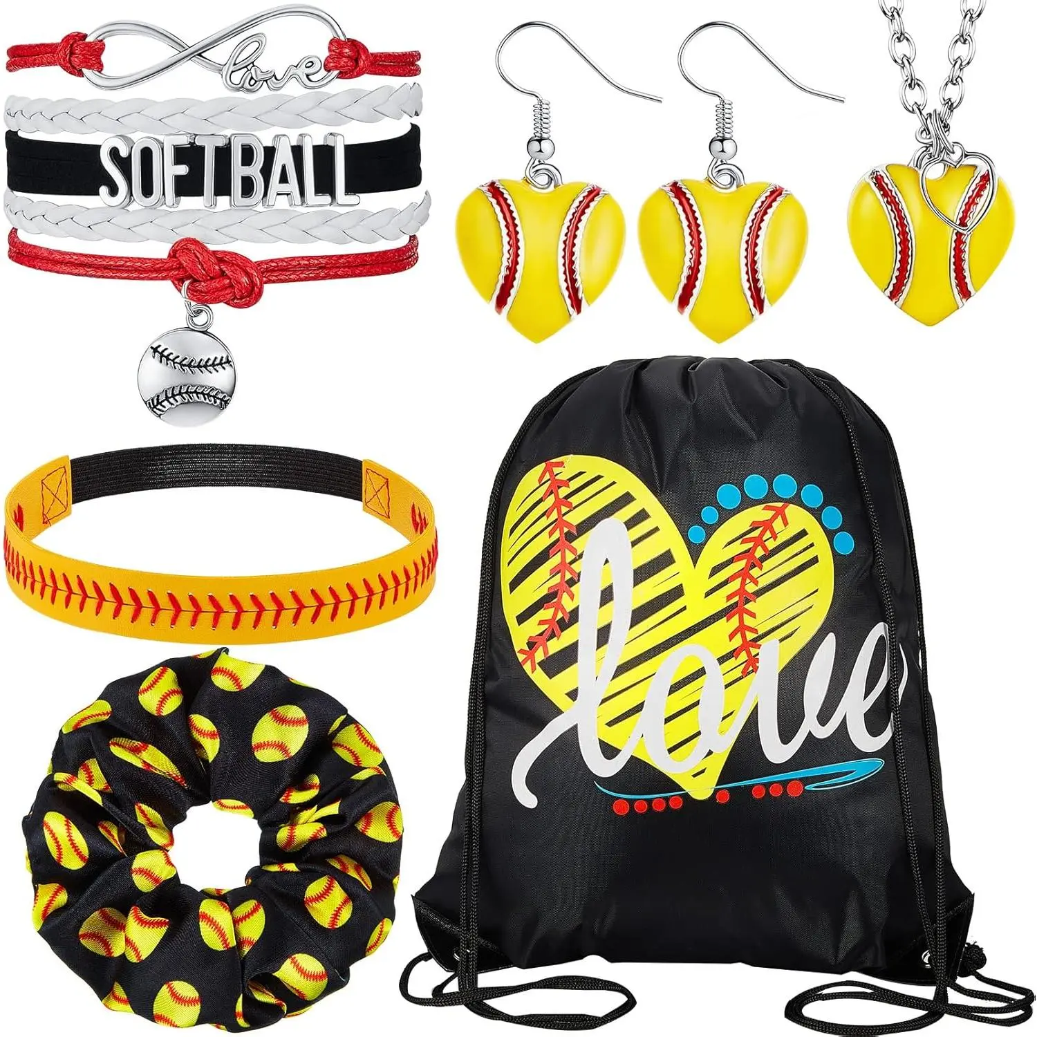 Softball Gifts for Girls - Drawstring Bags, Necklace, Bracelet, Headband, Earrings, Scrunchies Accessories Set for Softball Party