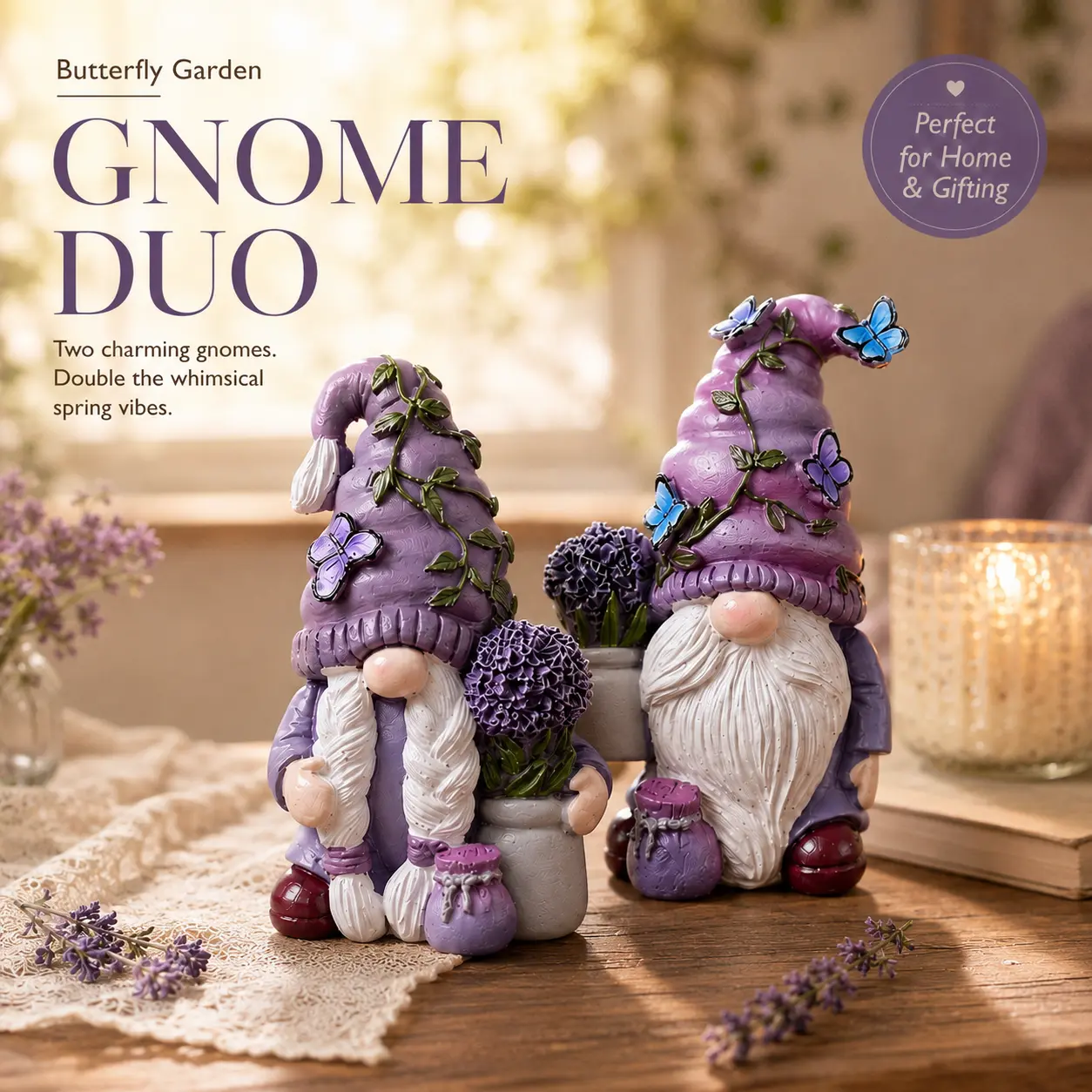 Magical Lavender Gnome Resin Figure - Butterfly Accents, Floral Details, Purple Artistic Sculpture, Indoor Tabletop Decor, Cottagecore Home Accent, Anniversary Gift for Gnome Lovers & Garden Decor Fans