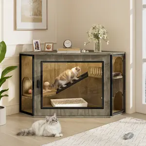 8" Corner Cat Litter Box Enclosure, Modern Hidden Litter Box Corner Cabinet with Acrylic Door and LED Light, Cat House with Playground and Stairs