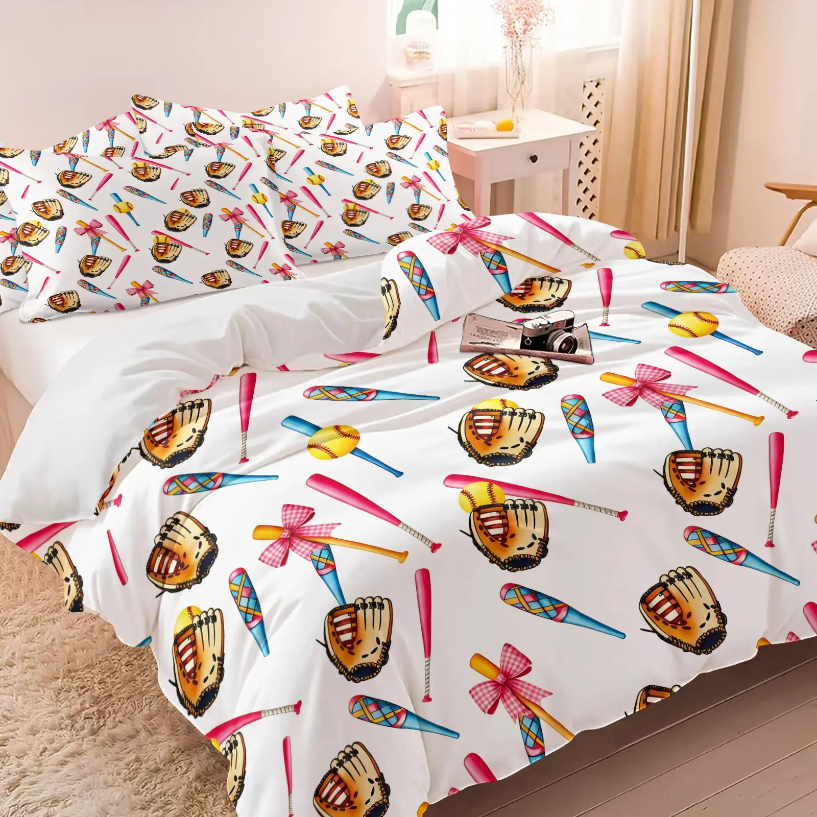 Coquette Softball Themed Bedding Set, 1 Duvet Cover + 1/2 Pillowcases, No Core, HD Vivid All Season Print, Pastel Baseball Bat & Bow Design, Skin-friendly Fabric for Aesthetic Bedroom Decor