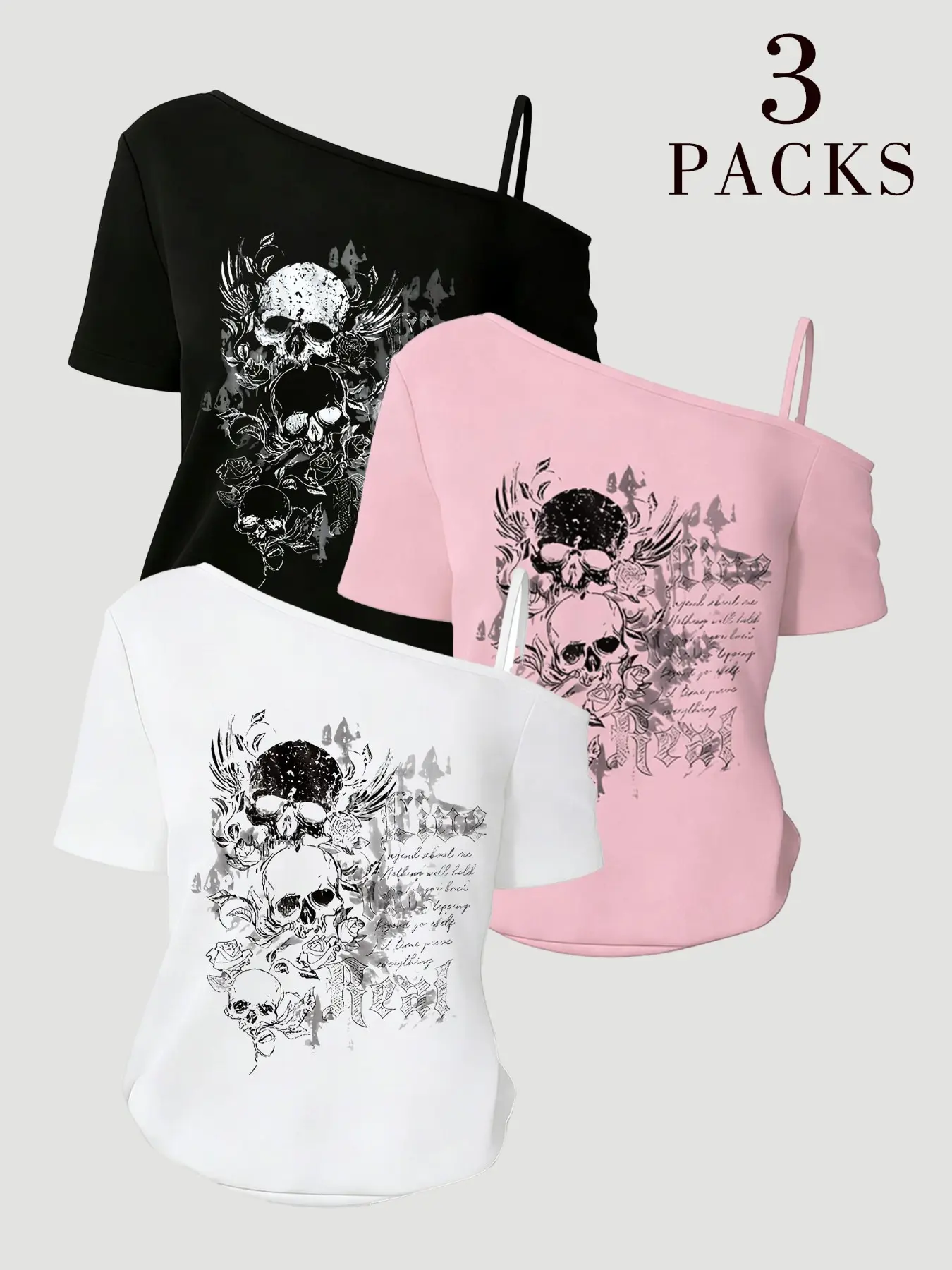 3 Piece Gothic Skull Rose Print Asymmetrical Shoulder T-Shirt Set, Y2K Sweet Cool Style, Casual Loose Fit Top, Multiple Colors Available