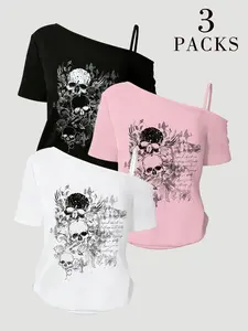 3 Piece Gothic Skull Rose Print Asymmetrical Shoulder T-Shirt Set, Y2K Sweet Cool Style, Casual Loose Fit Top, Multiple Colors Available
