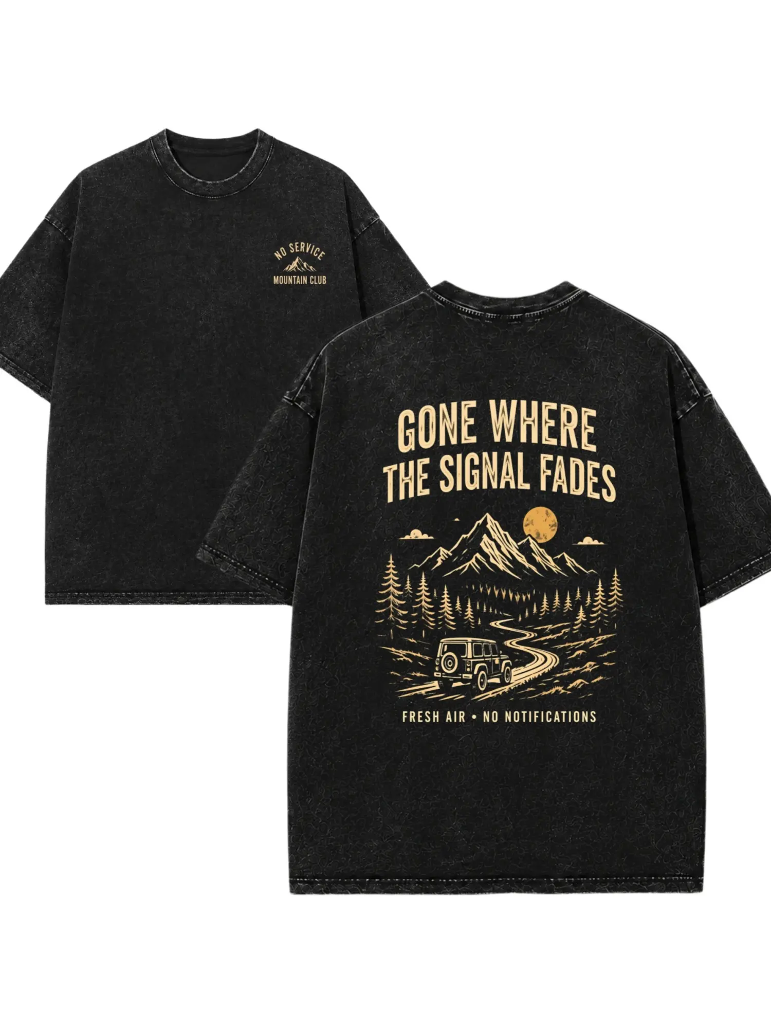 Women's Graphic T-Shirt, Vintage Relaxed Fit Short Sleeve Top with "Gone Where The Signal Fades" Mountain Print, Washed Everyday Outdoor Tee