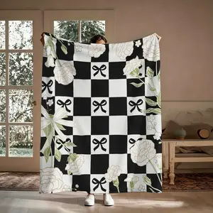 Black White Checkered Bow Floral Flannel Throw Blanket, Soft Cozy Coquette Aesthetic Blanket, Warm Decorative Throw for Couch, Lightweight Breathable
