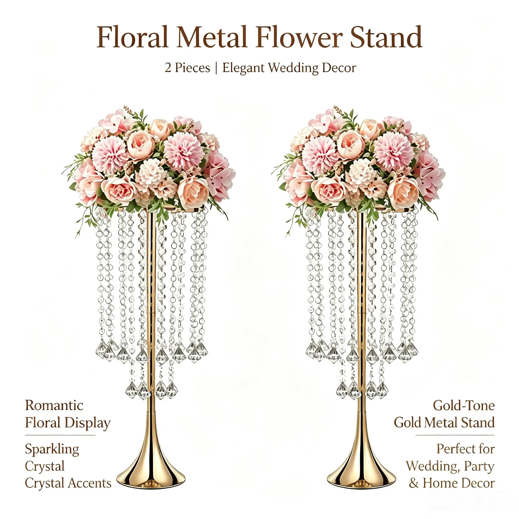 2-Piece Tall Gold Metal Flower Stand & 21.88-Inch Elegant Crystal Floral Vase Set, Table Centerpiece Ornaments, Holiday Gifts for Wedding, Home Decor, Boho Wedding Decor, Party Decor Supplies