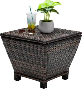 VINGLI Outdoor Side Table with Storage, 13/27-Gallon Storage Box Outdoor Wicker Side Table for Patio Storage Table , Middle, Brown