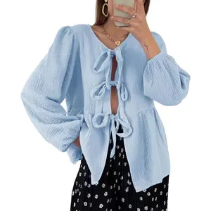 ARTFREE Womens Bow Tie Front Tops Babydoll Puff Long Sleeve Blouse Y2k Cotton Shirt