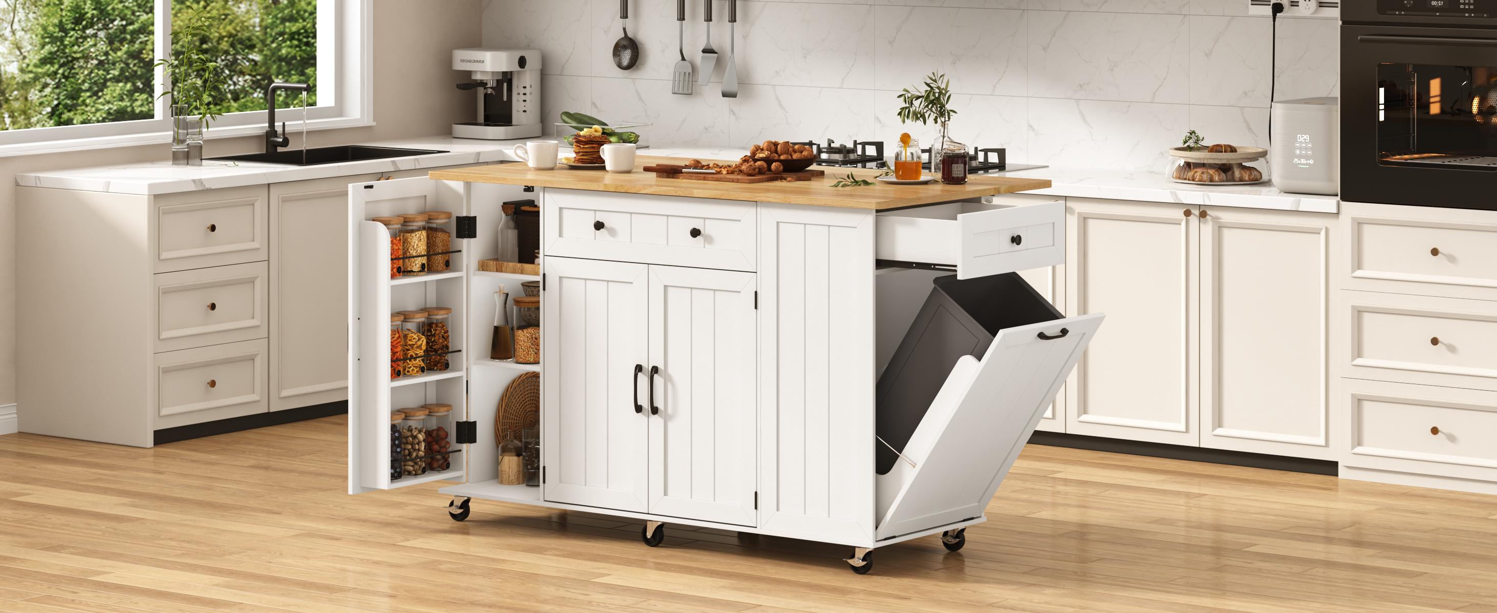 59" Rolling Kitchen Island Table on Wheels with Power Outlet & Drop Leaf, Mobile Kitchen Cart with Hidden Trash Storage Cabinet, Towel Rack for Kitchen