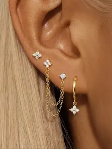 Elegant Four-Leaf Clover Zircon Earrings Set, Fashionable Design with Square Zircon Chains & Tassels, Perfect for Parties & Gifts, Stud Earrings Jewelry