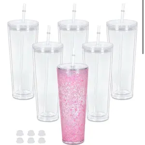 24 ounce Snow Globe Tumblr with Pink Glitter Design and Clear Lid Set of 6 Drinkware Cup Washable Reusable Portable