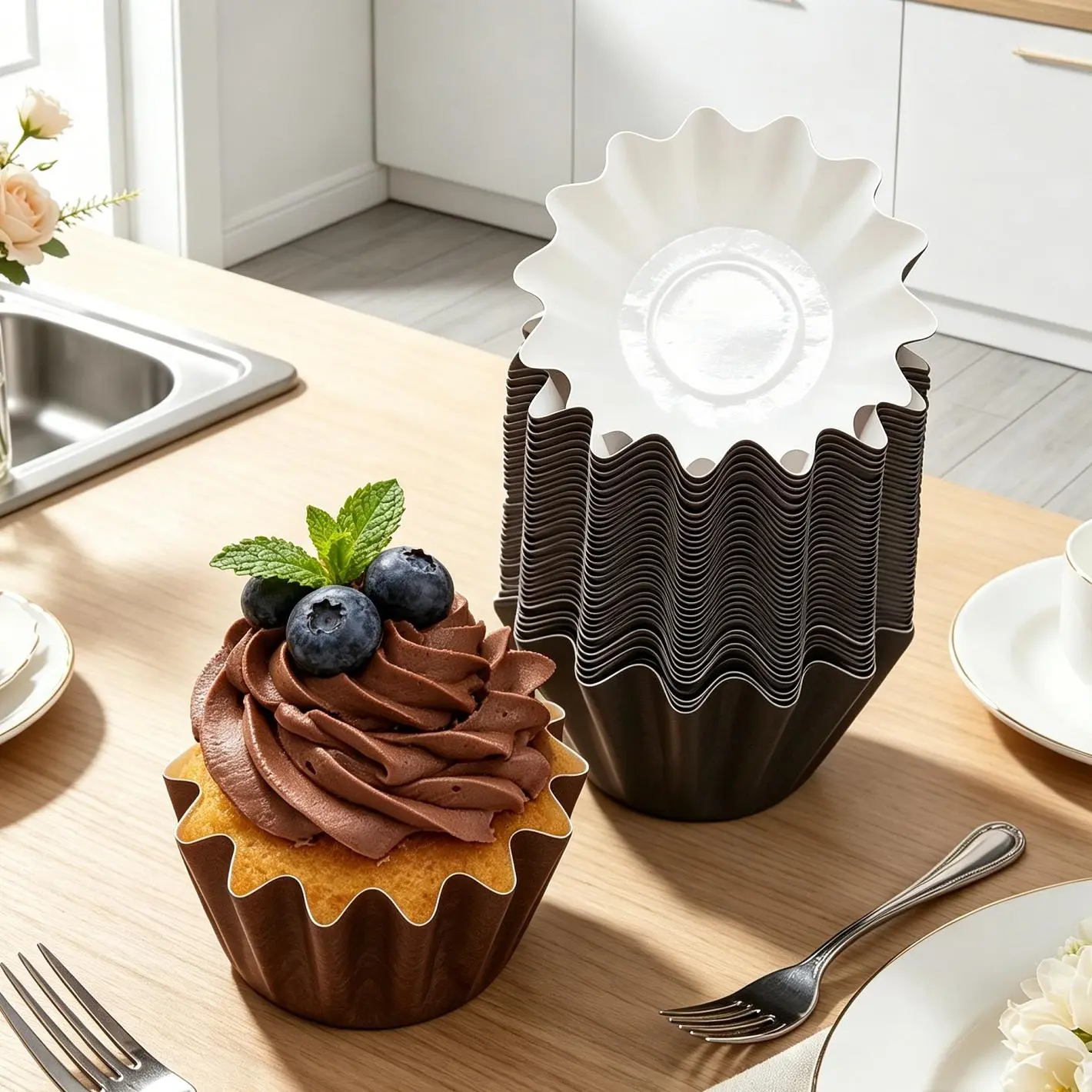 100 Pcs Brown Flared Baking Cups - Oil-Proof Coated Paper Muffin Liners, Non-Stick Durable Bake Supplies for Standard Molds, Cupcakes