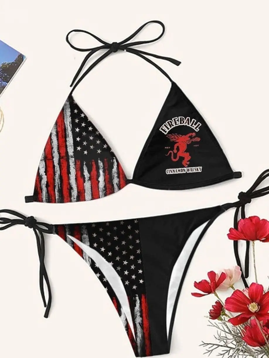 Fireball Whiskey Casual  American Flag Drinking Triangle Bikini Set 1X5 TP6