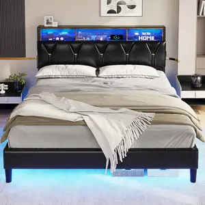 Sikaic Modern Design Faux Leather LED Bed Frame with Storage Headboard for Comfortable Sleep Unique bedroom furniture set Black