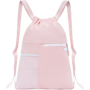 Drawstring Backpack with Mesh Pocket Water Resistant String Beach Swim  Gym for Women Men (Pink)