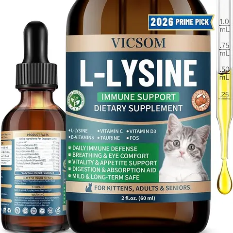 VICSOM L-Lysine Easy Liquid Drops for Cats - 60 ML Syrup with B-Complex & Taurine, 2-Year (24 Months) Immune Booster, Daily Immune Defense, Digestion & Absorption Aid, Respiratory Support, Fur & Skin Care, Natural Chicken Flavor