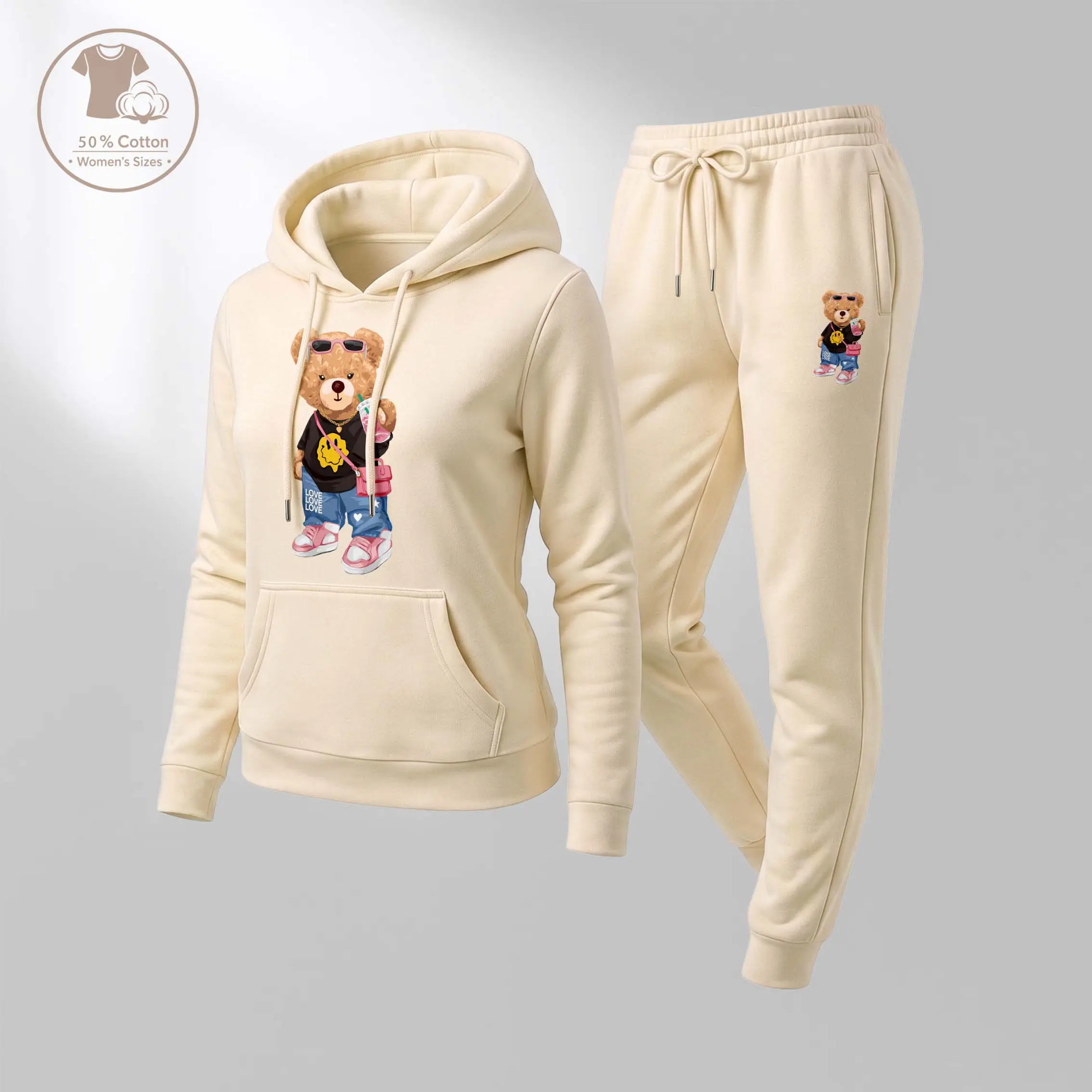 Women's 2-Piece Cartoon Print Hoodie & Drawstring Track Pants Set - Athletic Sweatshirts for Women, Long-Sleeved Hooded Female Sportswear, Autumn Winter Daily Wear Indoor Outdoor