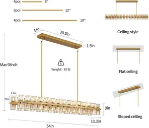 Crystal Gold Rectangular Chandelier For Dining Room,54in Dining Room Chandelier Over Table,Modern Chandelier For Dining Room,Arcachon Chandelier Kitchen Island Chandelier,Includes 60XG4 Bulbs
