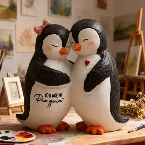 Adorable Penguin Couple Sculpture, Detailed Resin Desktop Decoration, Perfect for Christmas, Birthday, Valentine's Day Celebrations