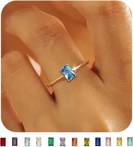 Birthstone Rings for Women Non Tarnish Dainty 14K  Plated Stackable Rings CZ Emerald Baguette Gemstone Rings for Mother Daughter Birthday Handmade Jewelry Gifts Size 6 7 8 9 10