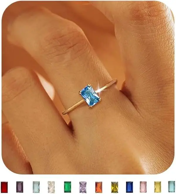Birthstone Rings for Women Non Tarnish Dainty 14K  Plated Stackable Rings CZ Emerald Baguette Gemstone Rings for Mother Daughter Birthday Handmade Jewelry Gifts Size 6 7 8 9 10