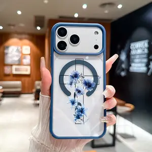 Aesthetic Watercolor Blue Flowers Cross Pattern MagSafe Magnetic Smartphone Case, Lightweight Shockproof Slim Protective Cover for iPhone 17 Air/16 Pro Max/15 Pro/14/13/12/11 Plus, Supports Wireless Charging (Cellphone Handheld Accessories), Devices, Casi