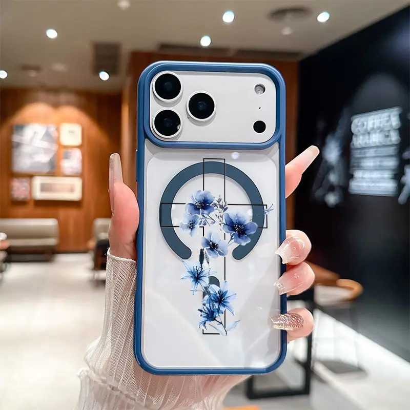 Aesthetic Watercolor Blue Flowers Cross Pattern MagSafe TPU Casing, Lightweight Shockproof Slim Protective Cover with Resistance for iPhone 17 Air/16 Pro Max/15 Pro/14/13/12/11 Plus, Wireless Charging-Supporting Cellphone Accessory