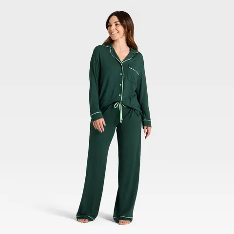 Women's Cloud Knit Modal Long Sleeve Notch Collar Top and Pants Pajama Set - Auden