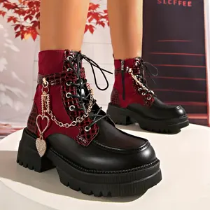 Women's Punk Fashion Boots |   Solid Color, Thick Platform, Chunky Heel, Lace-up, Heart-shaped Metal Chain, Side Zipper, Synthetic Upper, Fabric Inner, Rubber Sole, European/American Style, Women Shoes