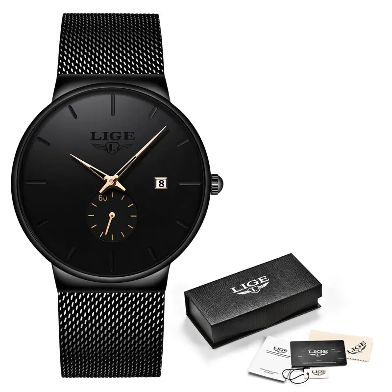 Black Dial Gold Hands Steel Mesh Strap