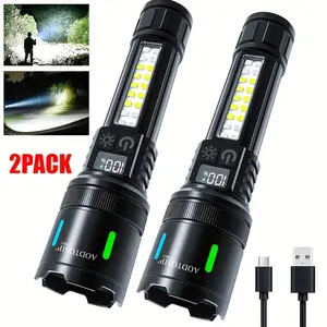AODTOSIP 2 Pack Rechargeable LED Flashlights, 7 Modes Zoomable High Lumens Flashlight with LCD Digital Power Display, COB Side Light, Long Beam Handheld Flashlights for Camping Fishing Emergency Outdoor Use