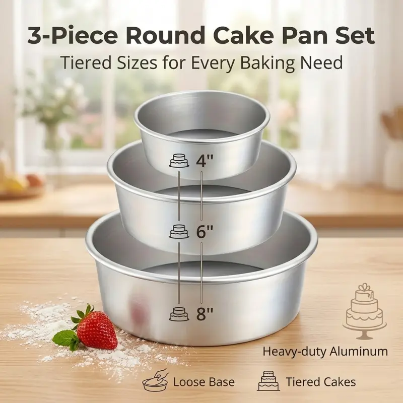 3-Piece Round Aluminum Cake Pan Set, 4/6/8 Inch Tiered Baking Pans with Loose Base for Home & Professional Baking, Baking Supplies