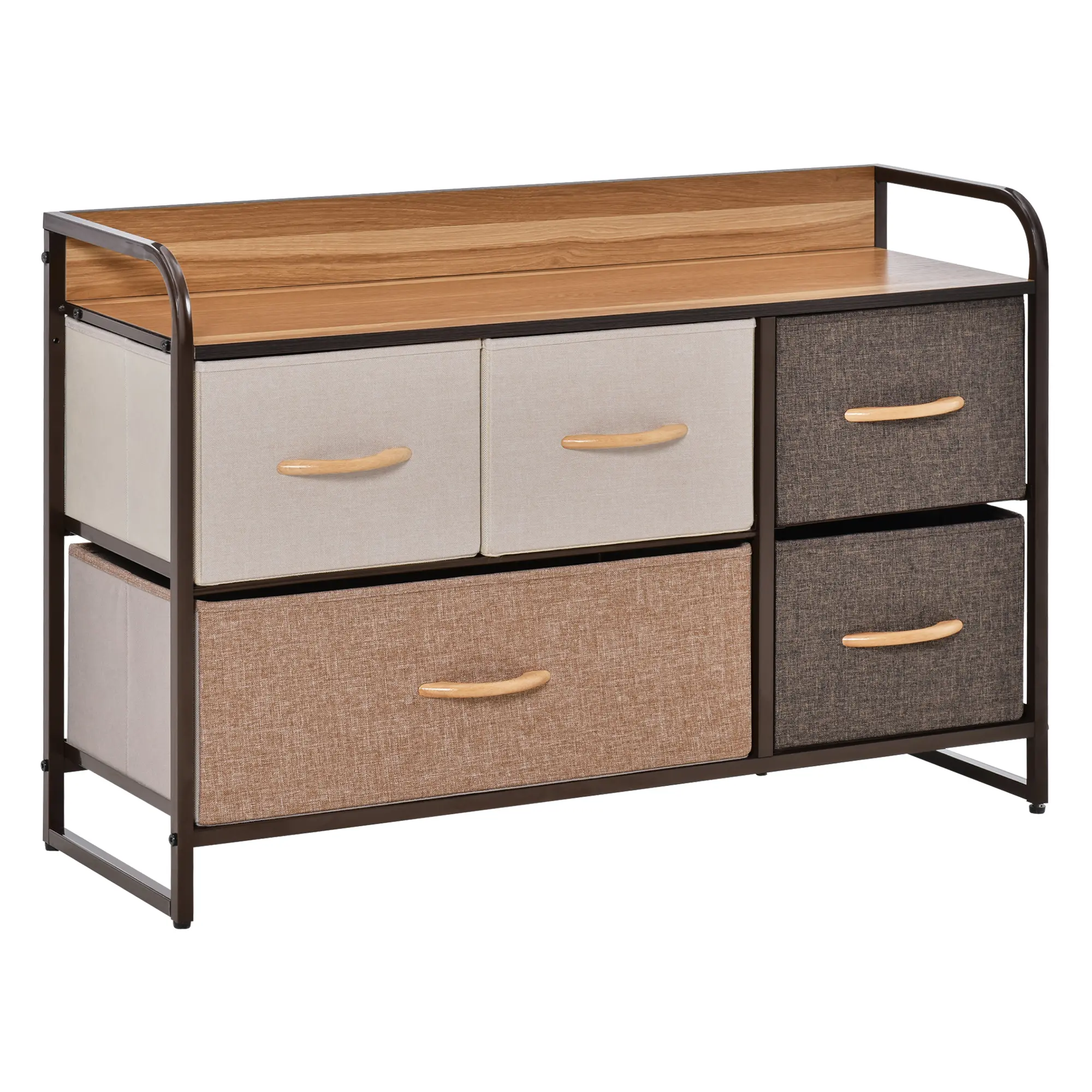 5-Drawer Dresser – Multicolored. 4 Small + 1 Large Foldable Drawers. Steel Frame + MDF Top + X-Bar Back. Anti-Toppling Device. 84 lbs Cap