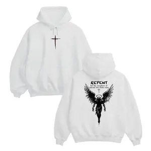 Repent Angel Hoodie For Men For Women, Repentance Scripture Graphic, Cotton Menswear Top, Distressed Angel Design, Faith Statement Apparel