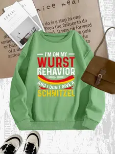 Funny 'worst Behavior' Sausage Letter Print Hoodie, Trendy Loose Round Neck Pullover, Casual Fall & Winter Fitted Sweatshirt